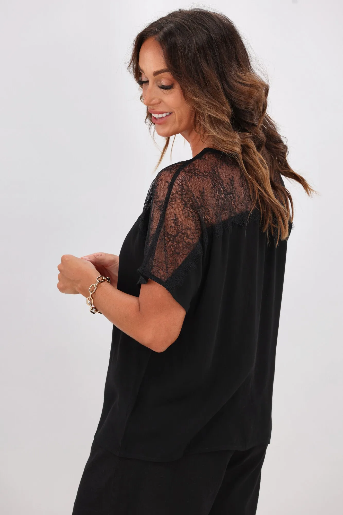 Gloss by Shine On India Lace Yoke Top Black
