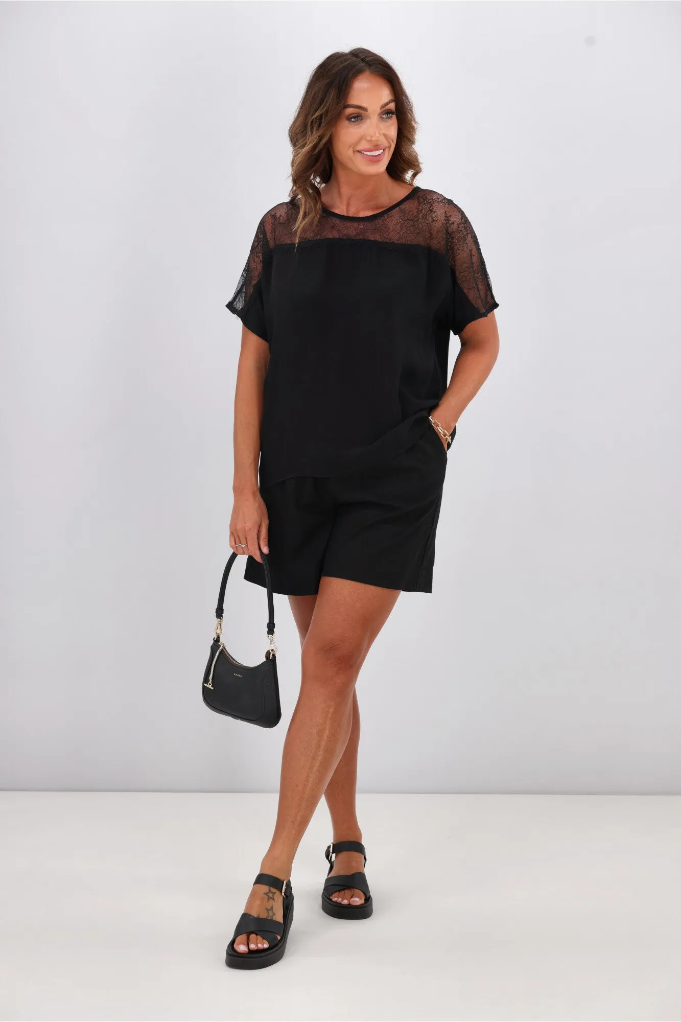 Gloss by Shine On India Lace Yoke Top Black