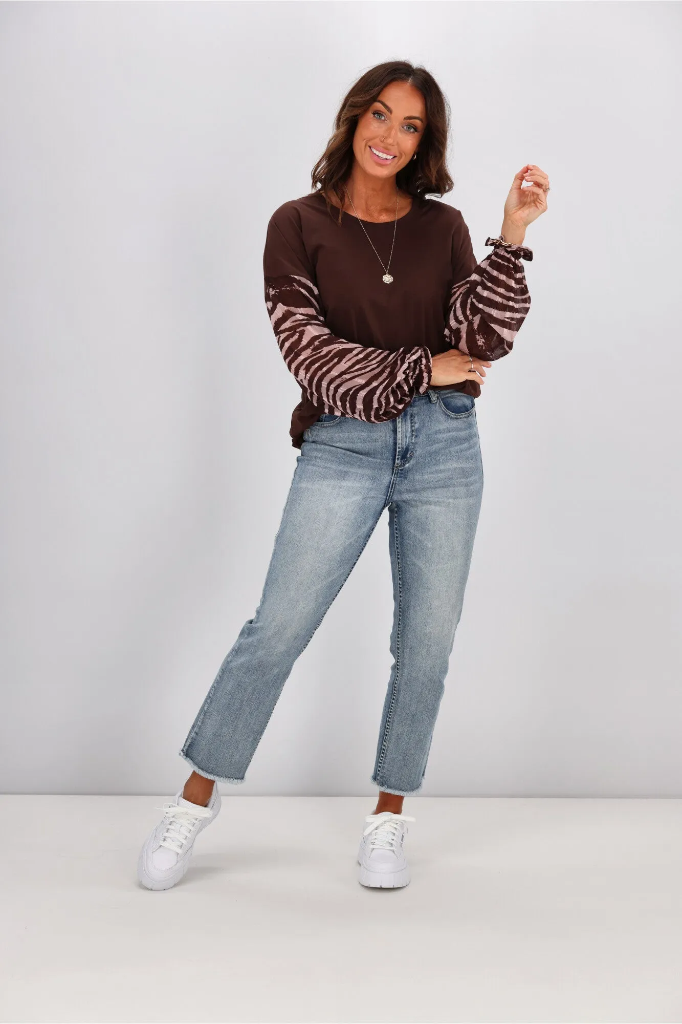 Gloss by Shine On Willa Zebra Sleeve Top Chocolate