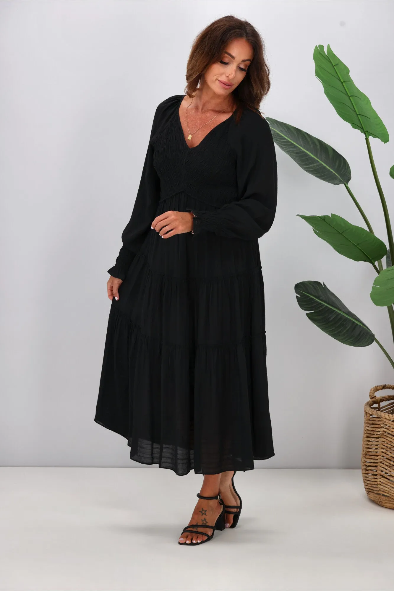 Gloss The Label Aurelia Angle Shirred Bodice Dress Black