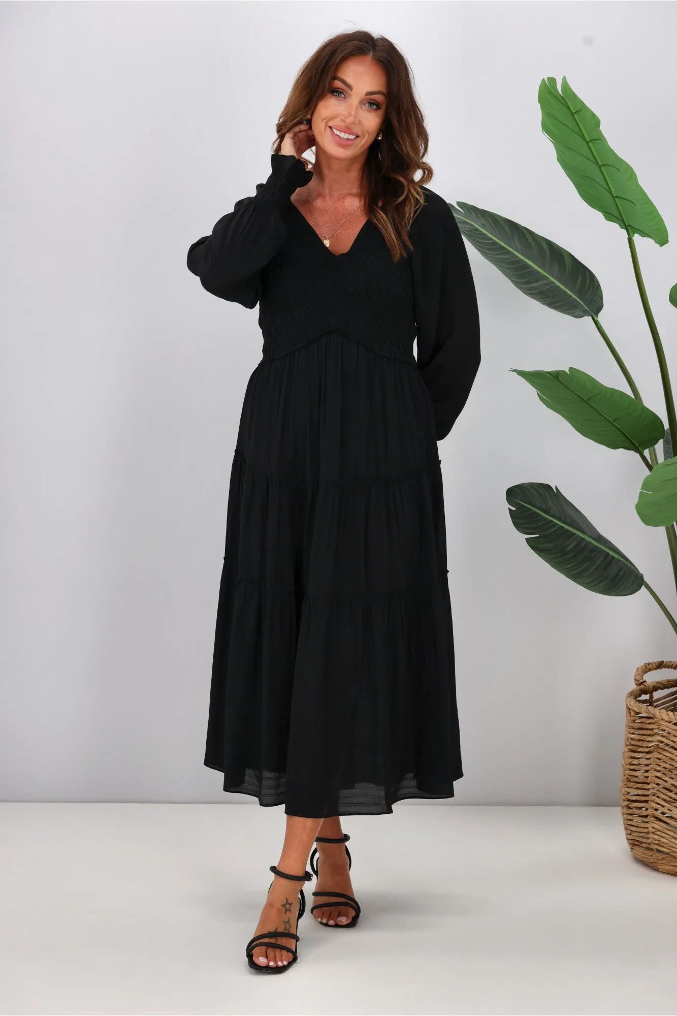 Gloss The Label Aurelia Angle Shirred Bodice Dress Black