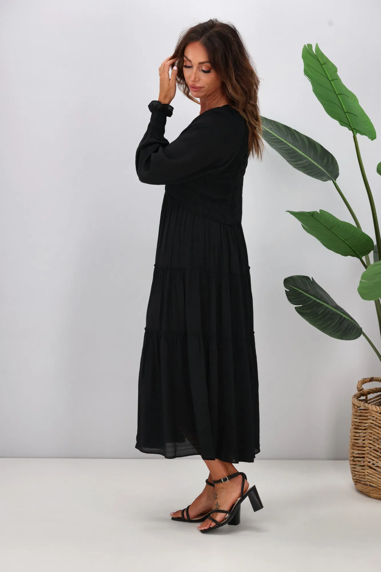 Gloss The Label Aurelia Angle Shirred Bodice Dress Black