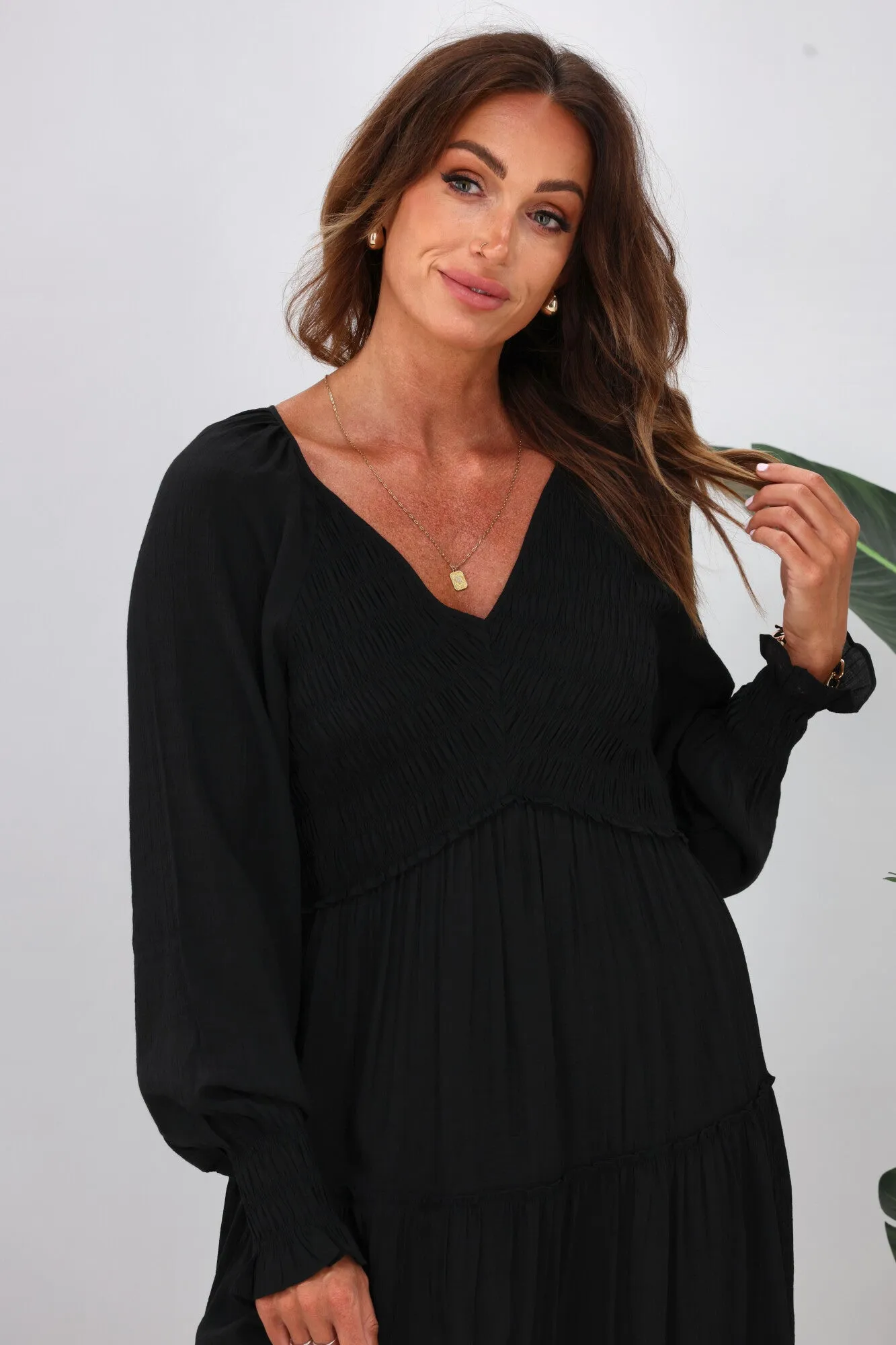 Gloss The Label Aurelia Angle Shirred Bodice Dress Black