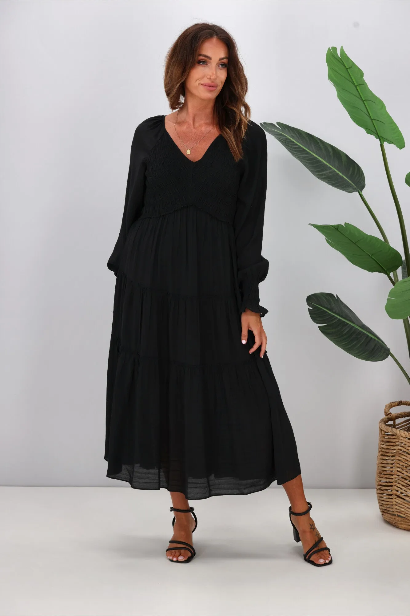 Gloss The Label Aurelia Angle Shirred Bodice Dress Black