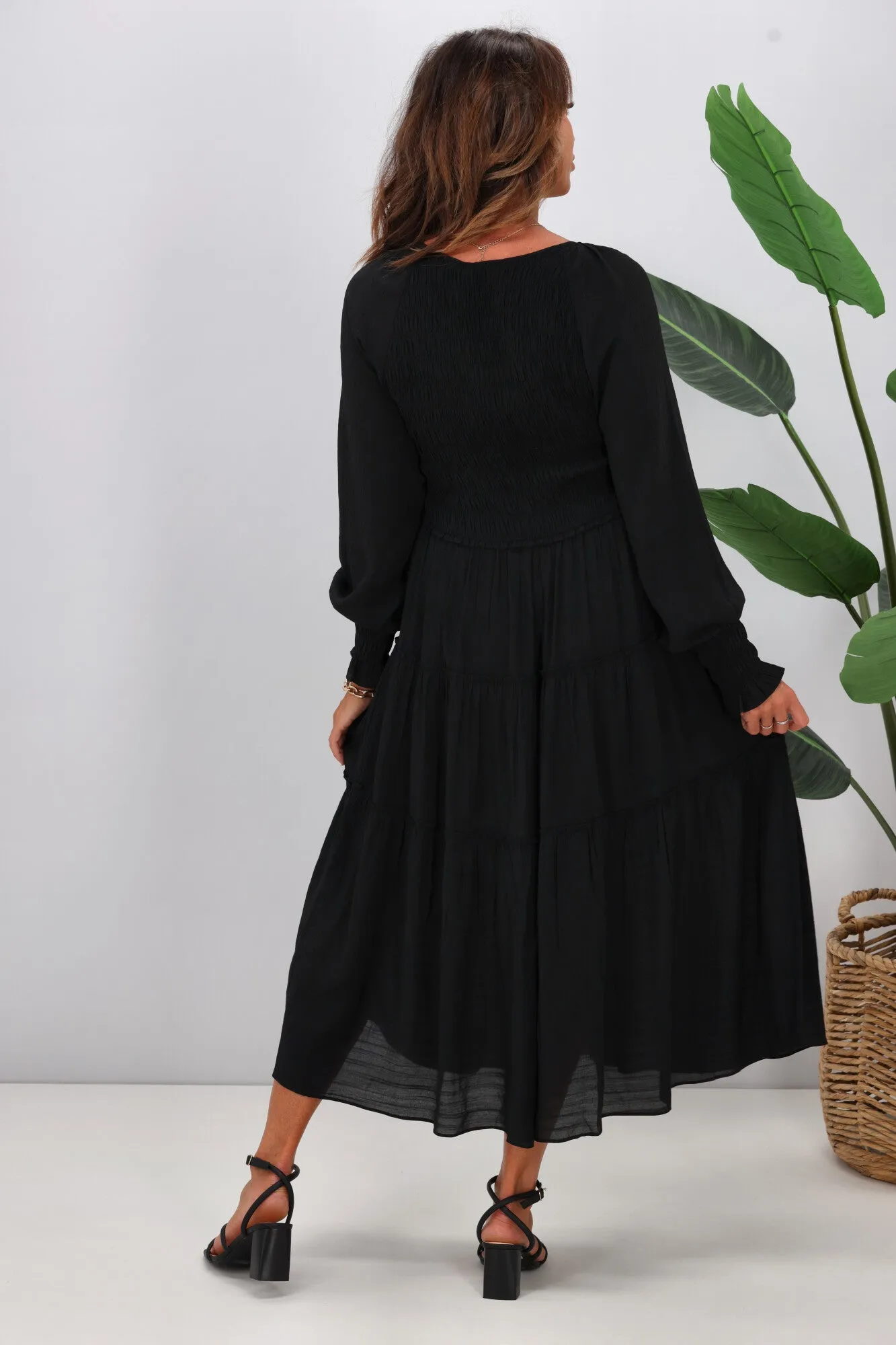 Gloss The Label Aurelia Angle Shirred Bodice Dress Black