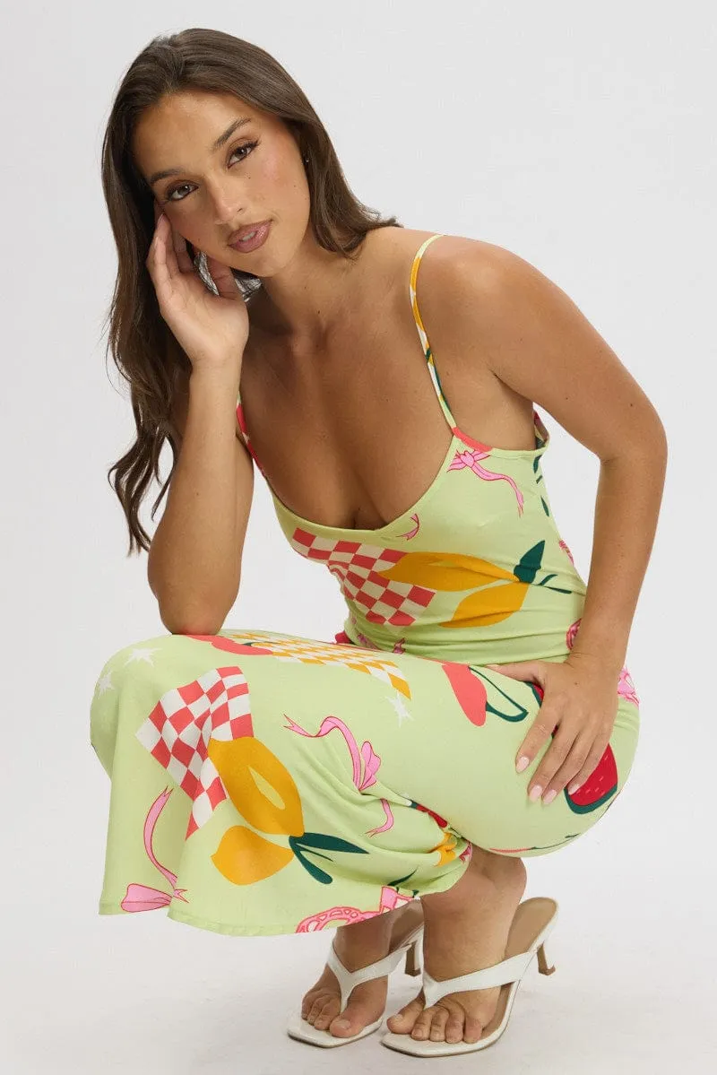 Green Abstract Maxi Dress Bias Cut