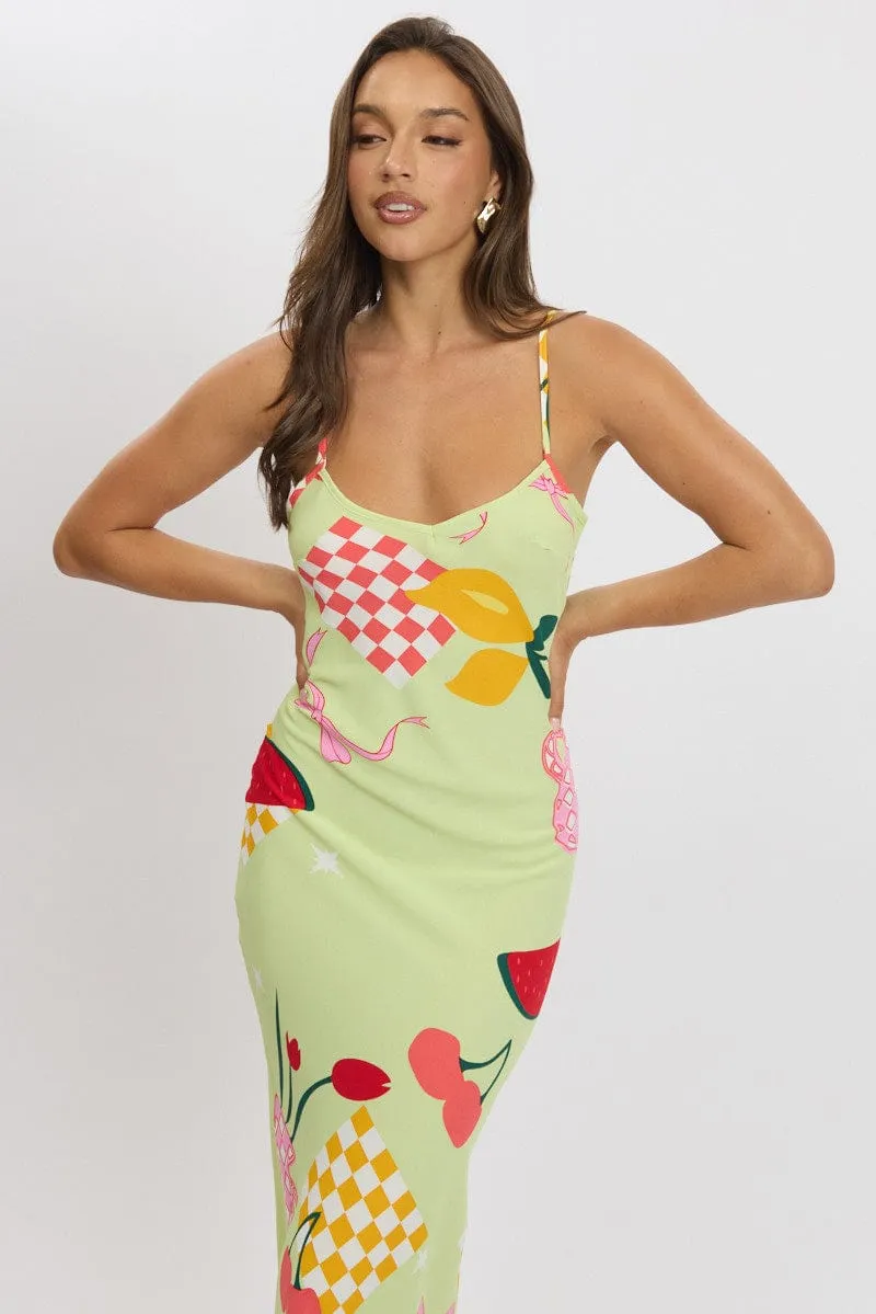 Green Abstract Maxi Dress Bias Cut