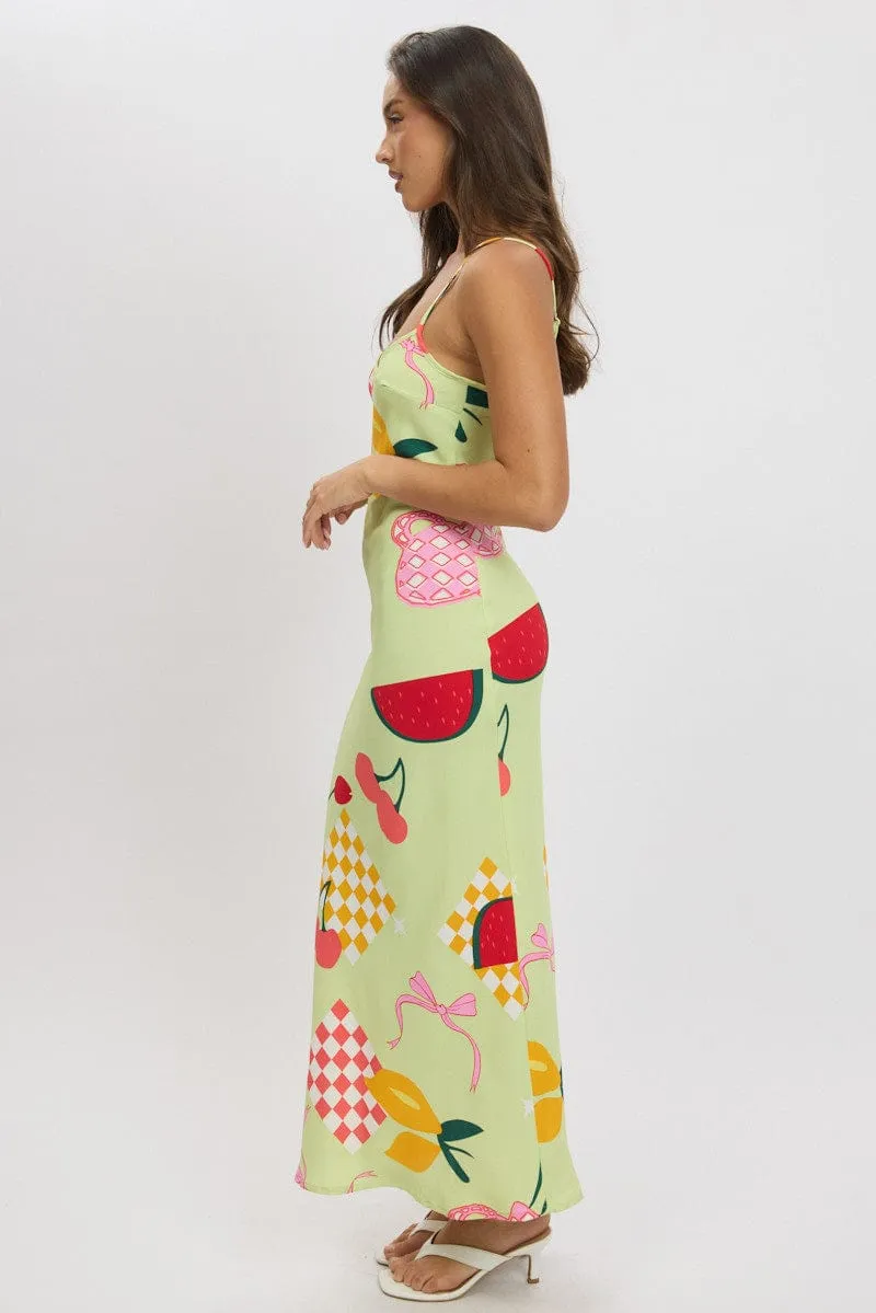 Green Abstract Maxi Dress Bias Cut