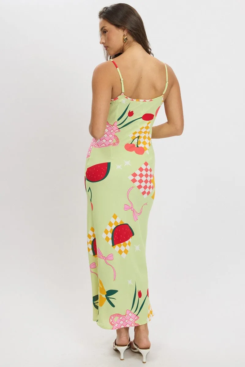 Green Abstract Maxi Dress Bias Cut