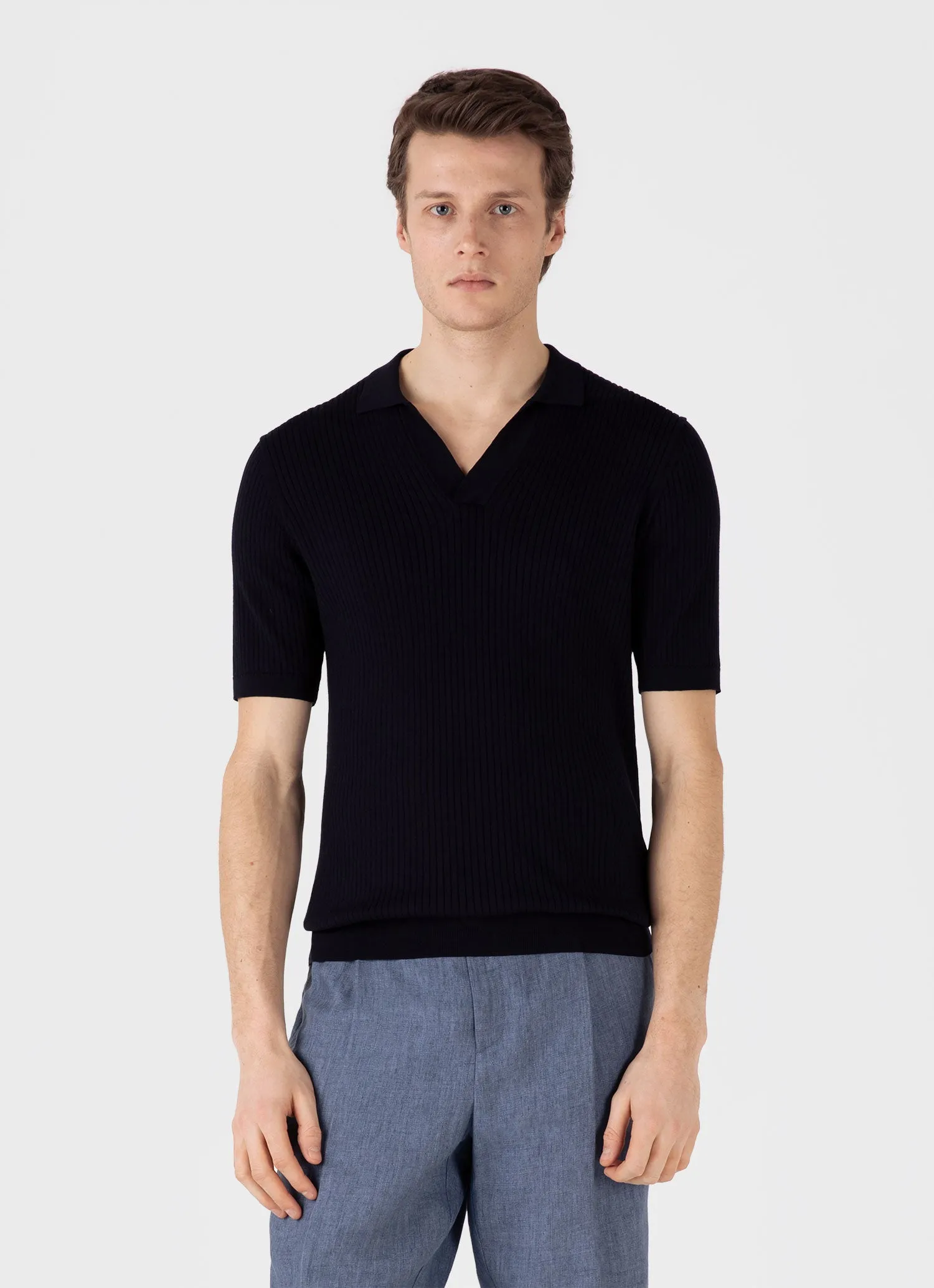 Men's Fine Rib Silk Cotton Polo Shirt in Navy