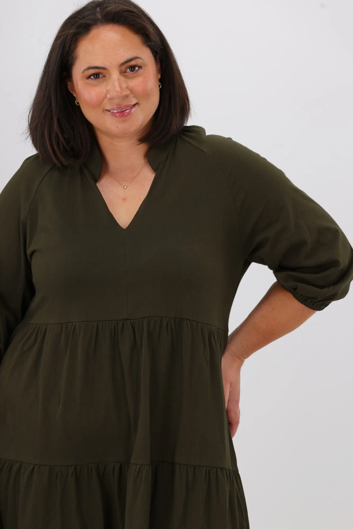 Shine On Essentials 3/4 Sleeve Tiered Dress Olive