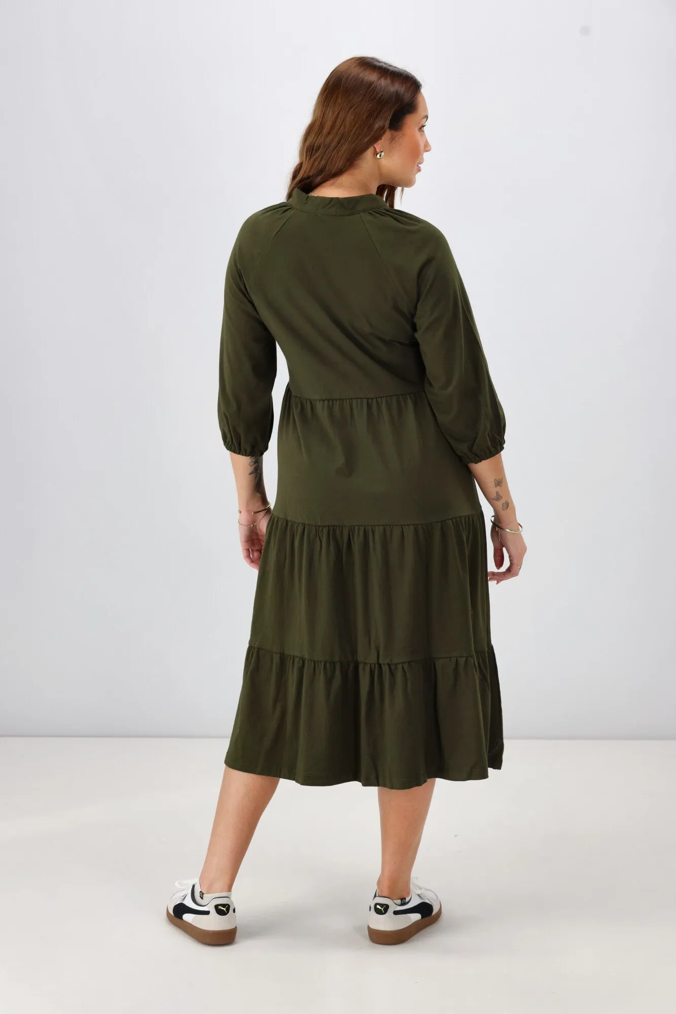 Shine On Essentials 3/4 Sleeve Tiered Dress Olive