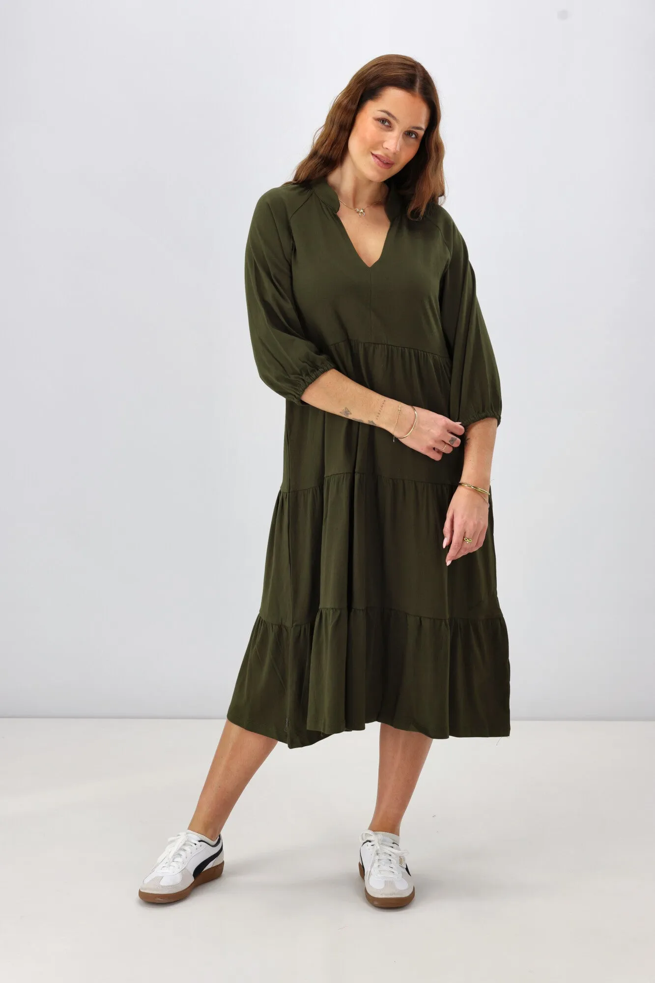 Shine On Essentials 3/4 Sleeve Tiered Dress Olive