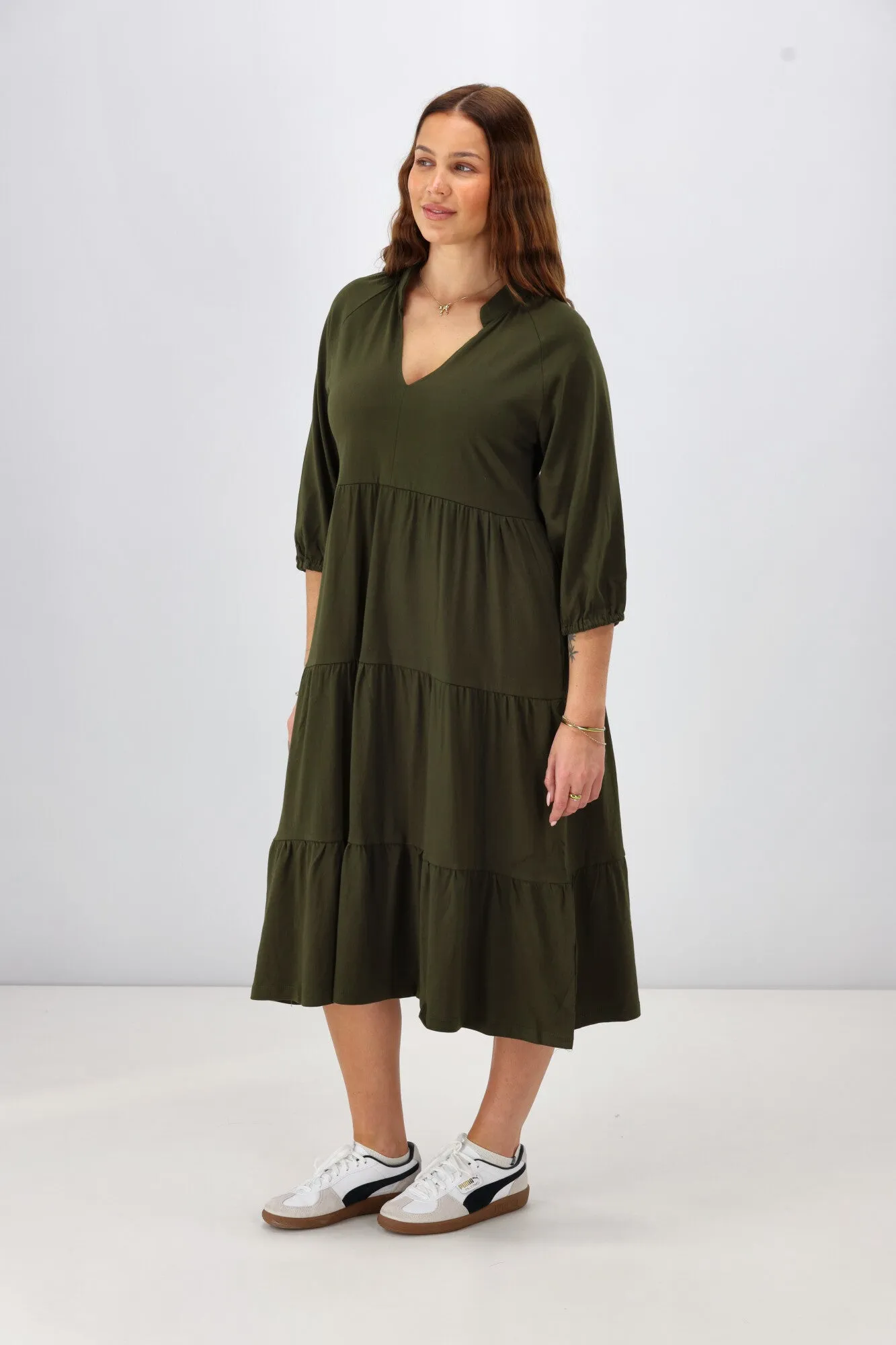 Shine On Essentials 3/4 Sleeve Tiered Dress Olive