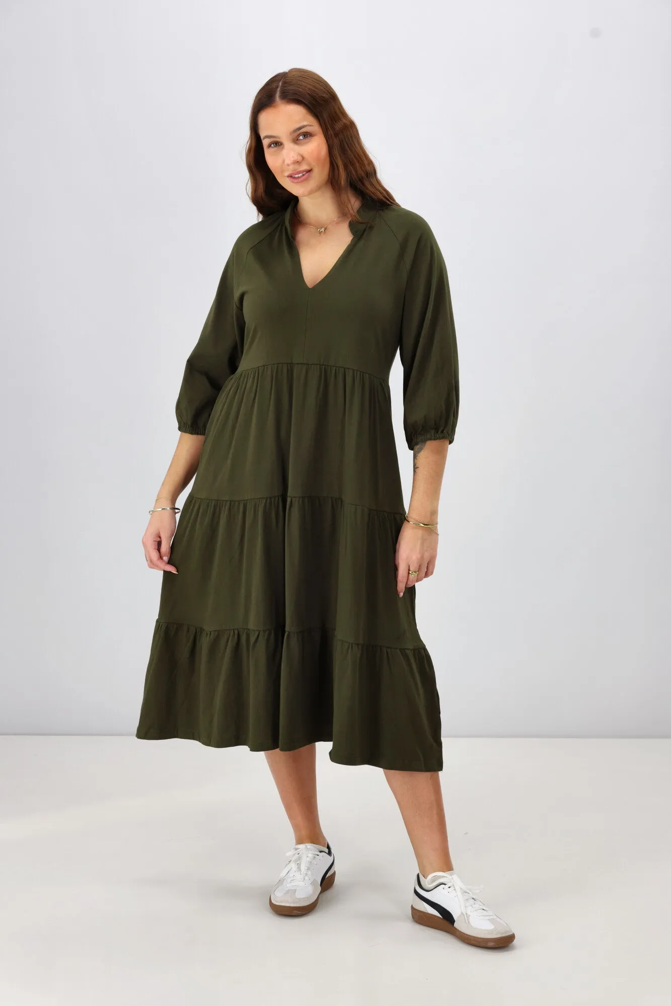 Shine On Essentials 3/4 Sleeve Tiered Dress Olive