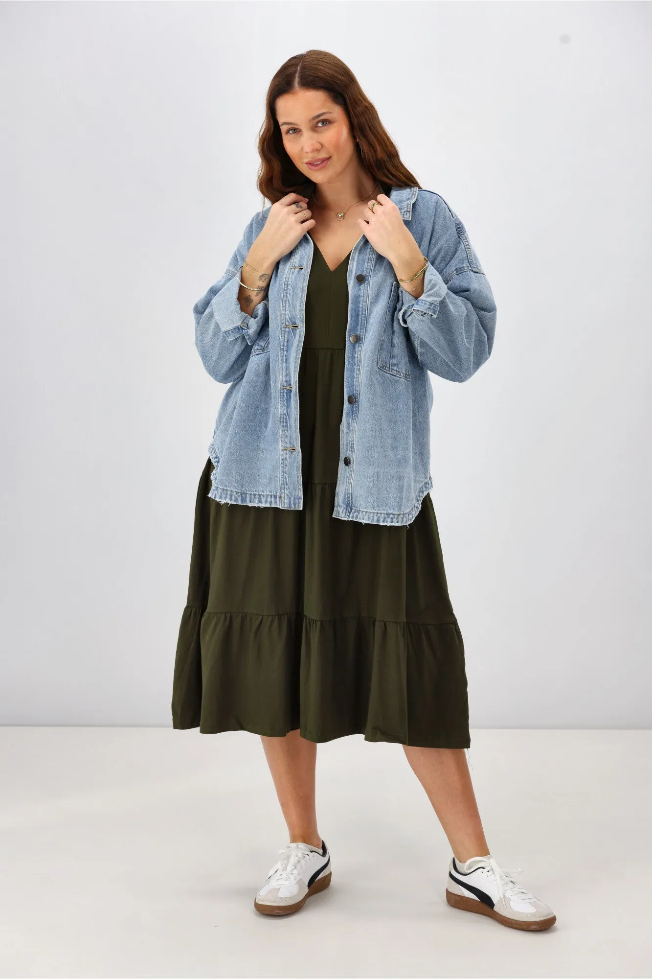 Shine On Essentials 3/4 Sleeve Tiered Dress Olive