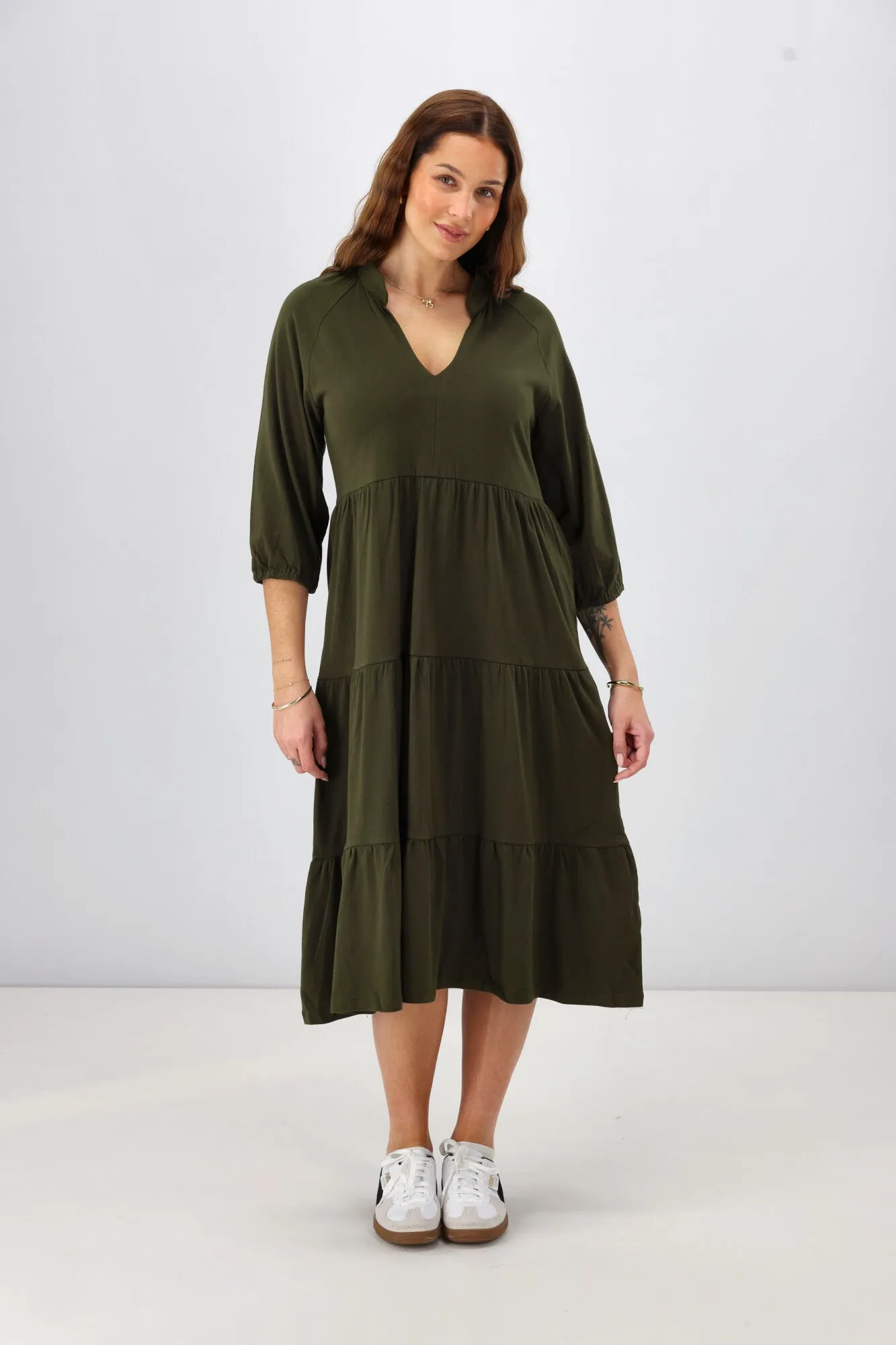 Shine On Essentials 3/4 Sleeve Tiered Dress Olive