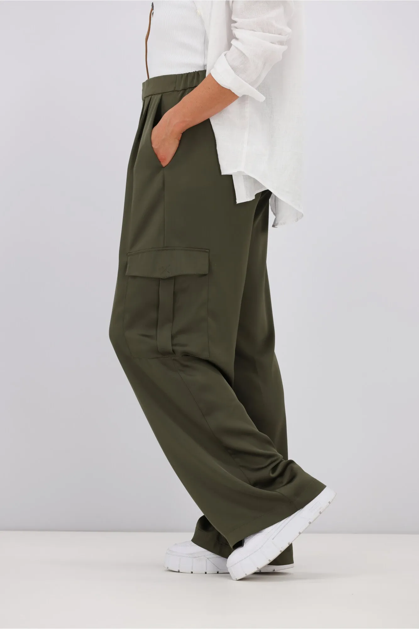 Shine On Label Julio Satin Cargo Pants Olive