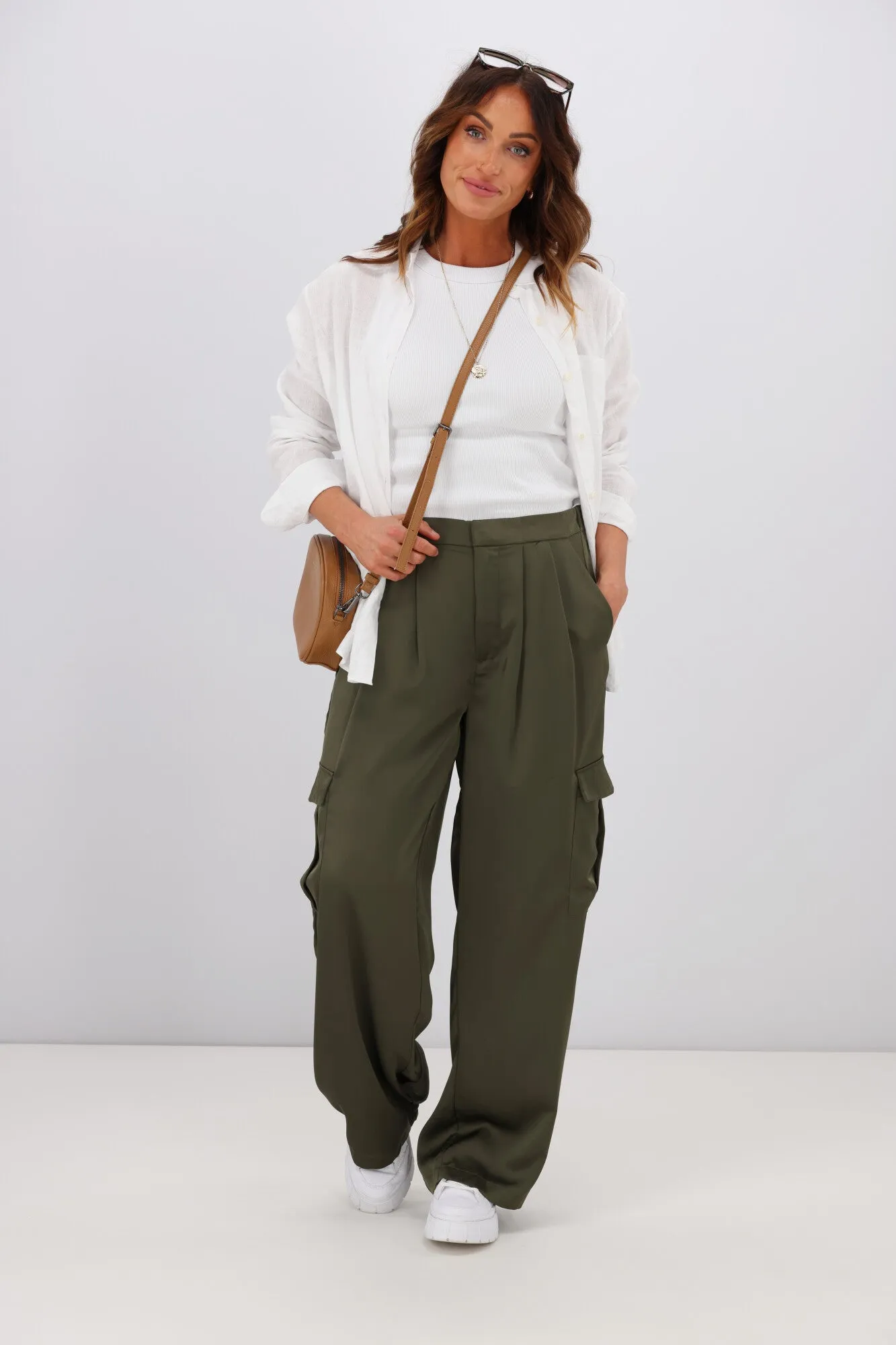 Shine On Label Julio Satin Cargo Pants Olive