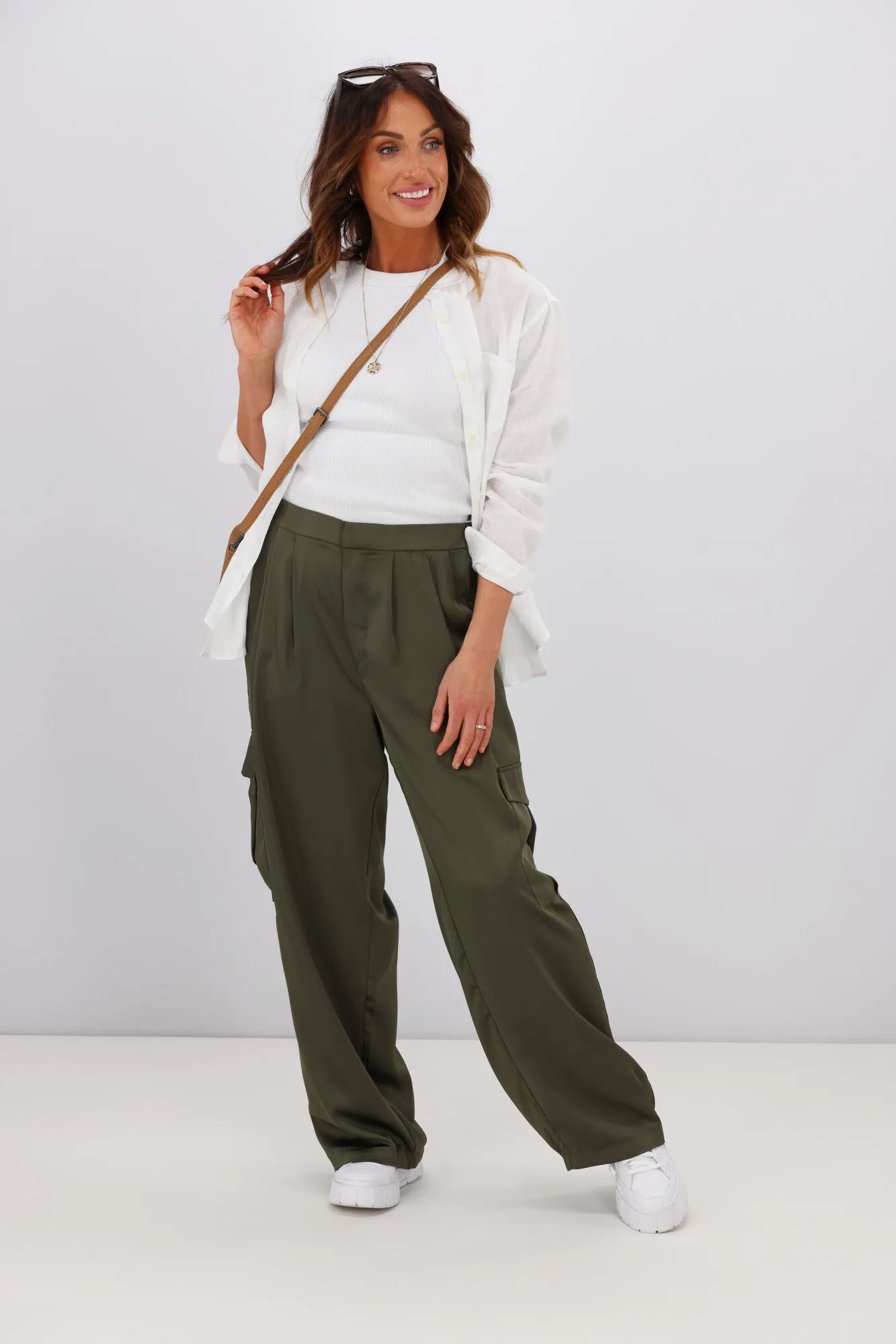 Shine On Label Julio Satin Cargo Pants Olive