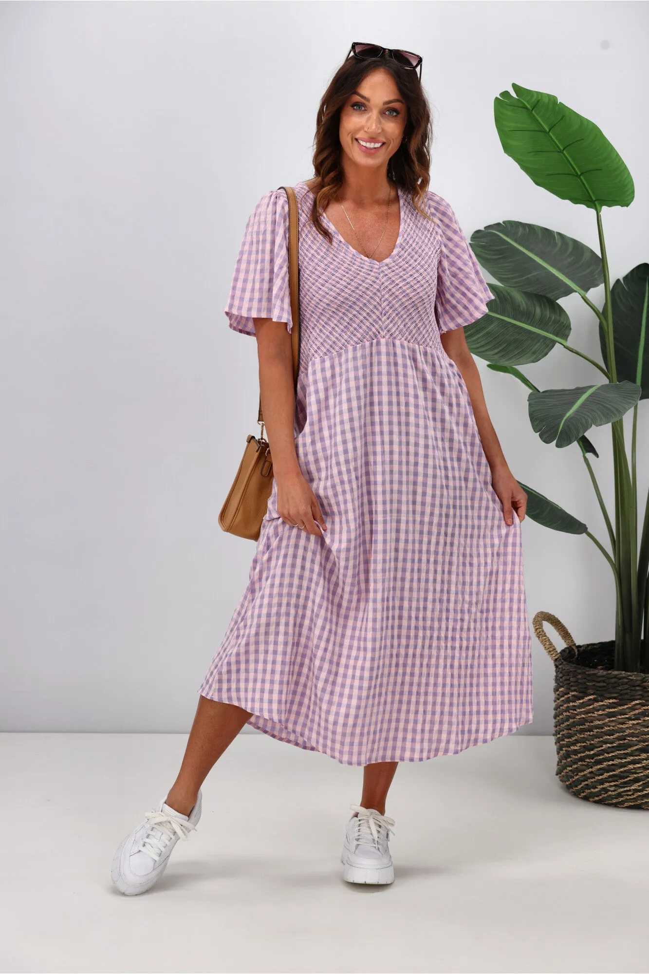 Shine On Label Sumaya Angle Shirred Midi Dress Lilac Check