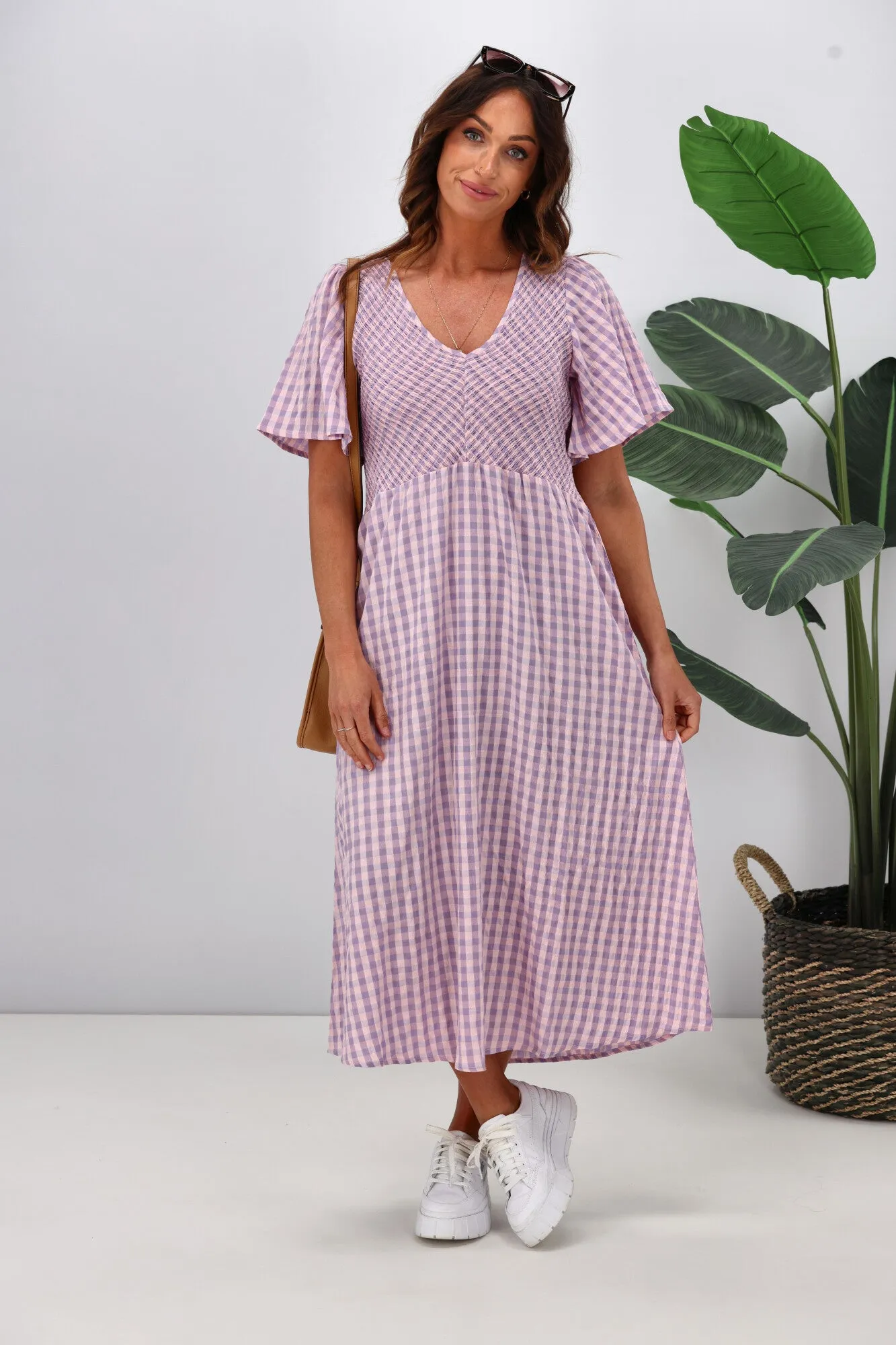 Shine On Label Sumaya Angle Shirred Midi Dress Lilac Check