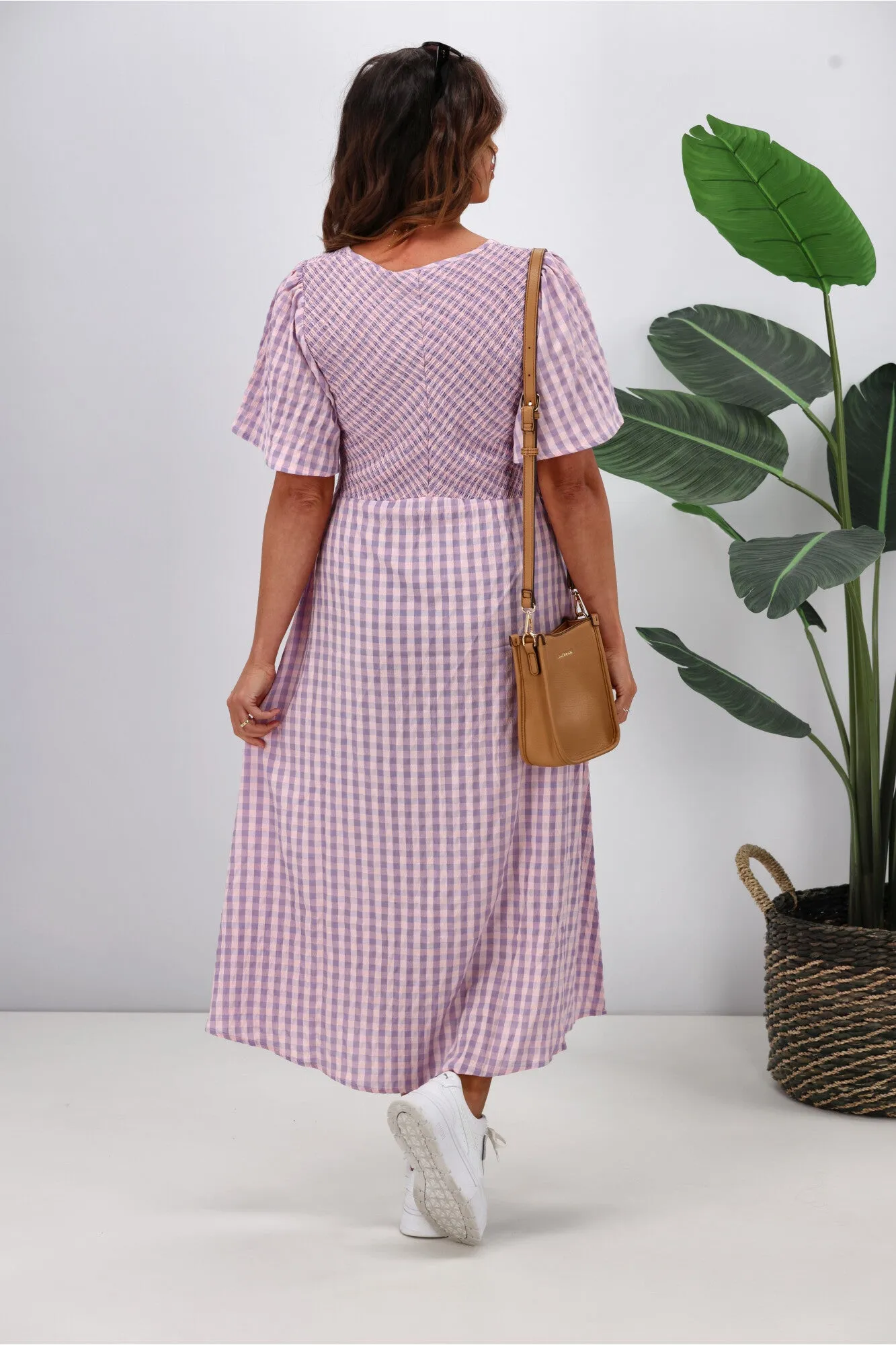 Shine On Label Sumaya Angle Shirred Midi Dress Lilac Check