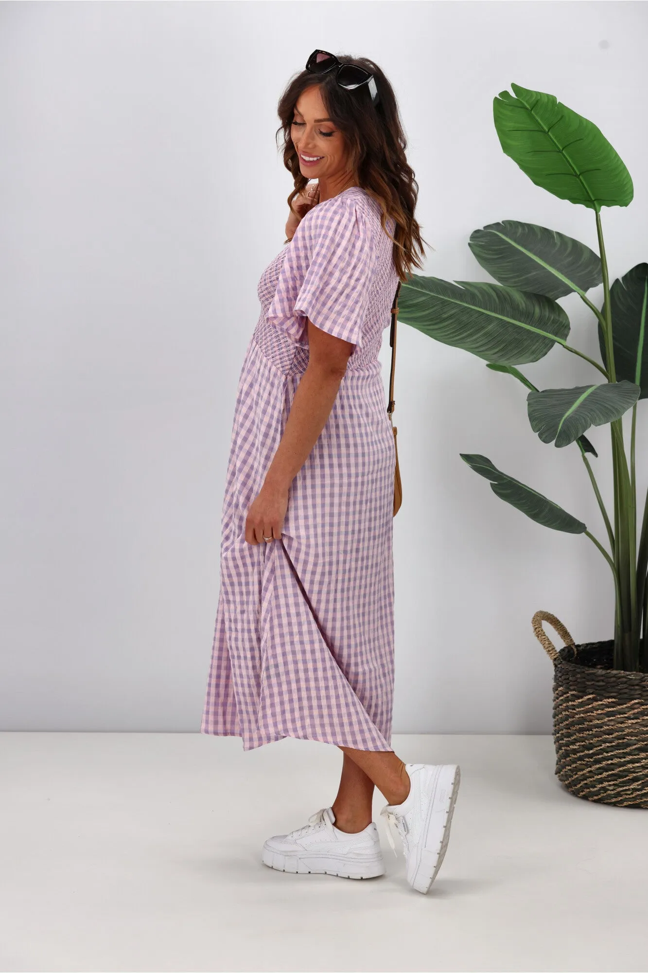 Shine On Label Sumaya Angle Shirred Midi Dress Lilac Check