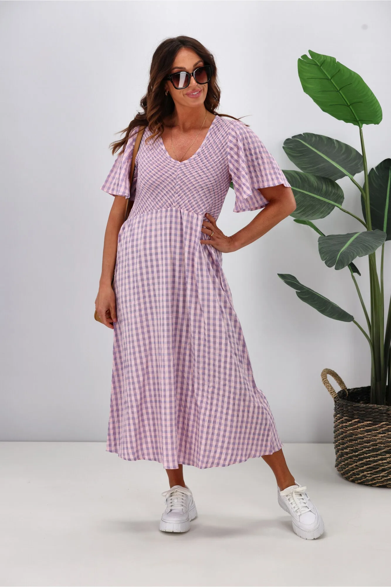 Shine On Label Sumaya Angle Shirred Midi Dress Lilac Check