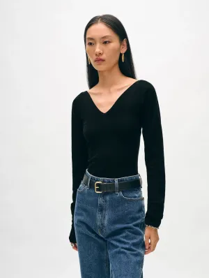 Superfine Merino Ribbed V-Neck Top Black