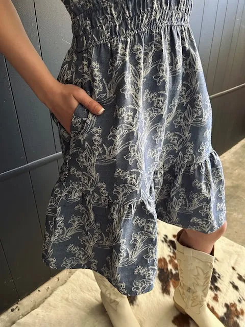 Vintage Style Ruffle Sleeve Denim Blue Dress