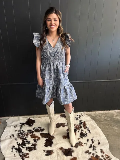 Vintage Style Ruffle Sleeve Denim Blue Dress