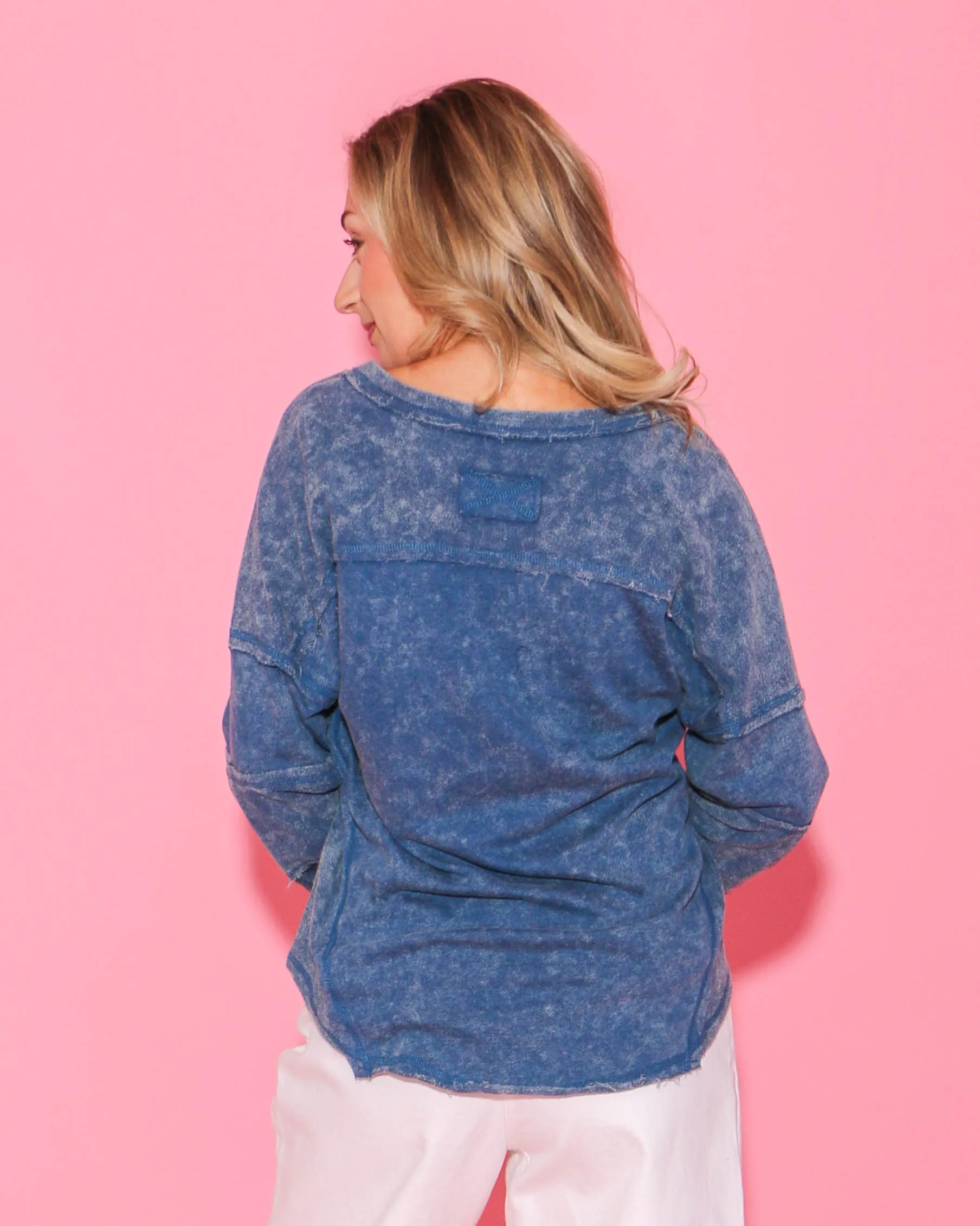 Washed Knit V-Neck Oversized Top in Denim