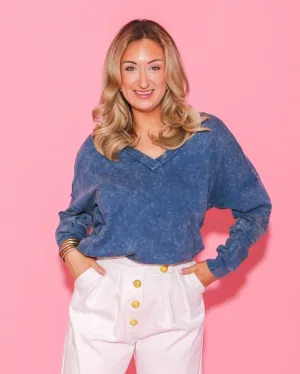 Washed Knit V-Neck Oversized Top in Denim