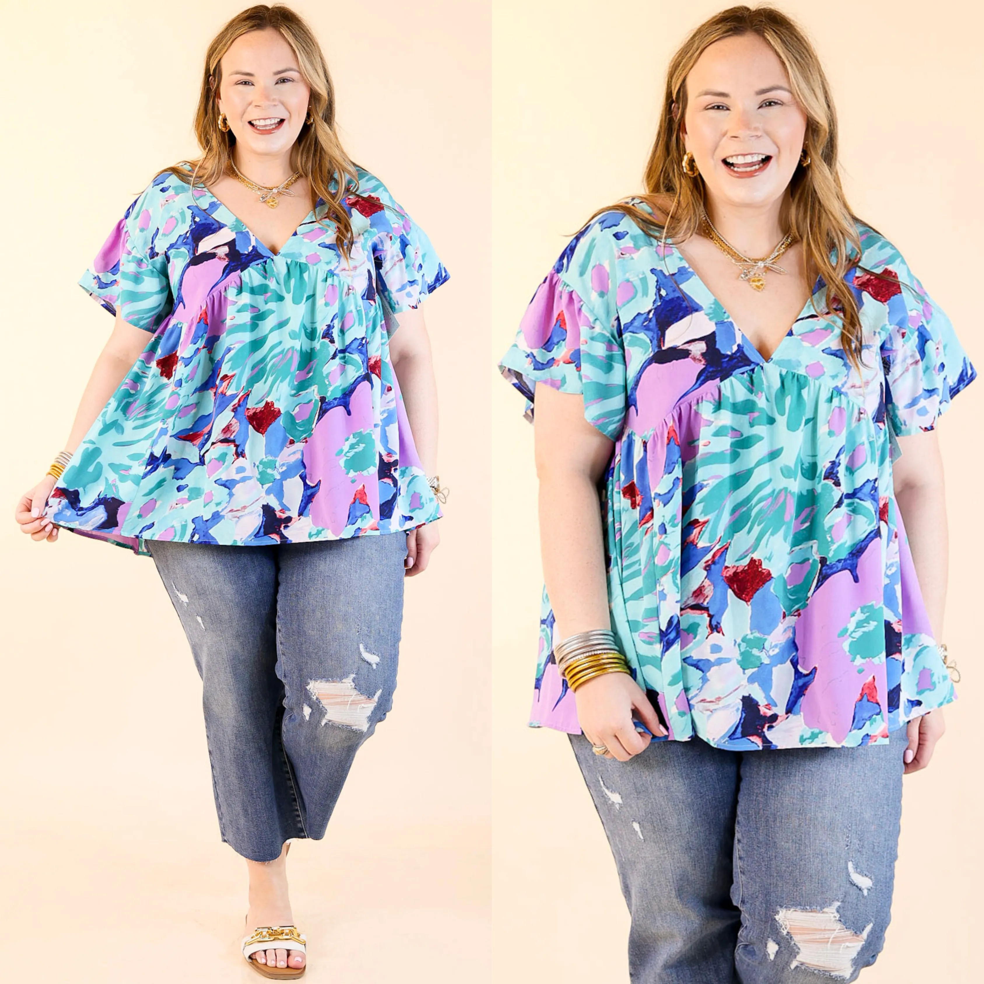 You Had Me At Aloha Watercolor Floral Top with V Neckline in Aqua Mix