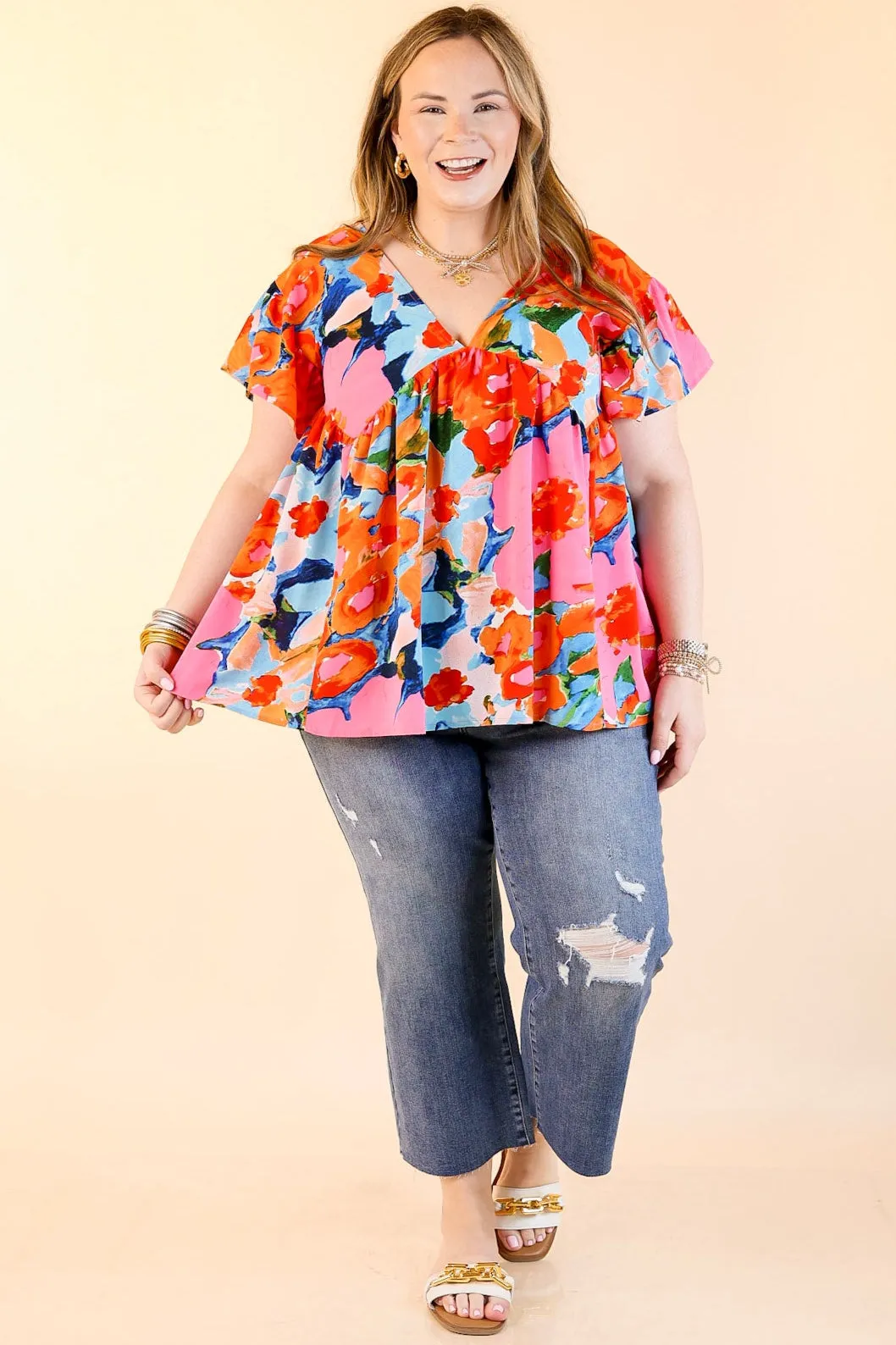 You Had Me At Aloha Watercolor Floral Top with V Neckline in Orange Mix